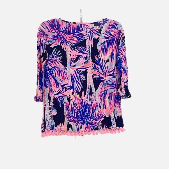 Lilly Pulitzer Mercer Top in Bright Navy Palms Up Reduced Tassel Blue Pink - XXS - Picture 10 of 12
